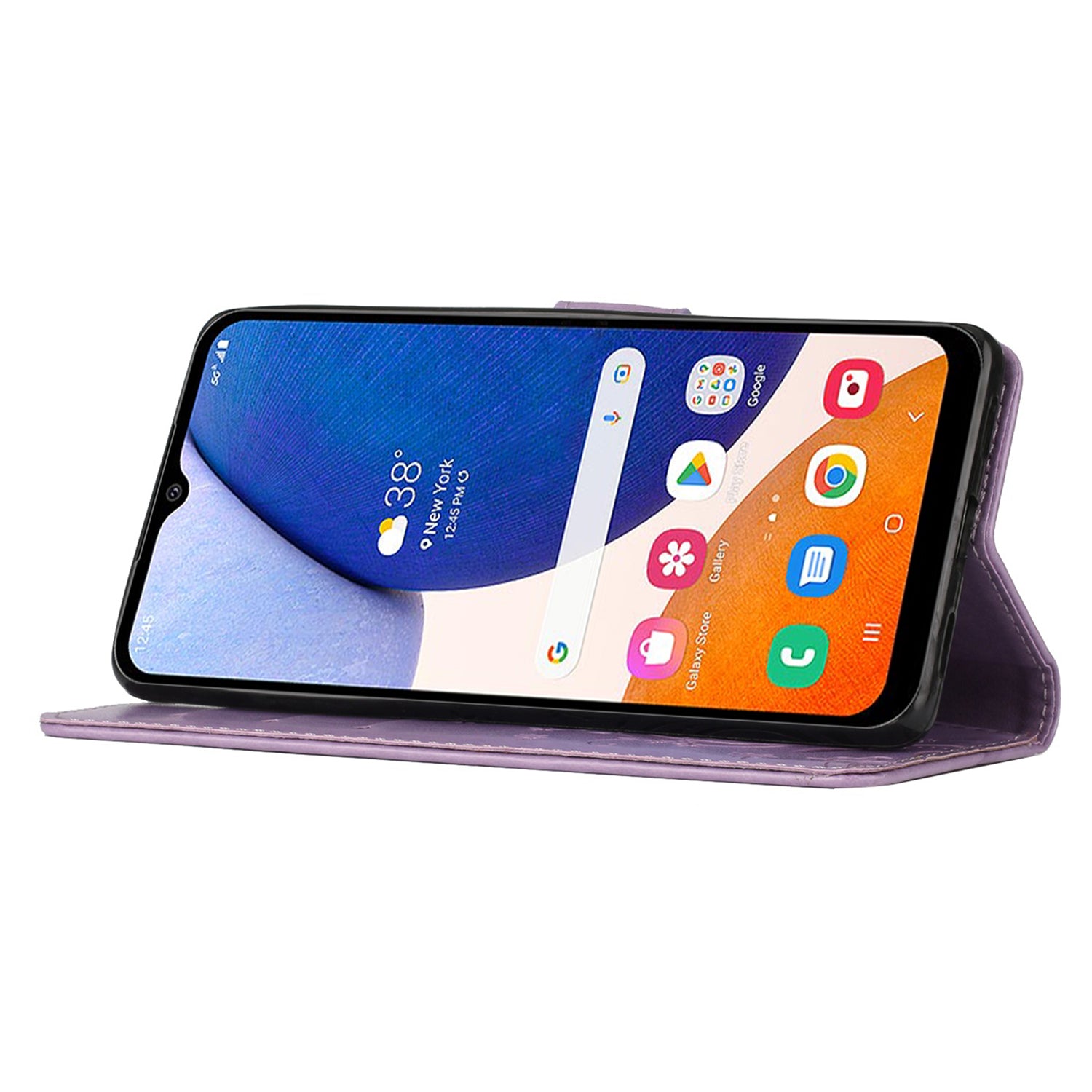 Uniqkart for Samsung Galaxy M14 5G Imprinted Butterflies PU Leather Phone Case Wallet Cover Stand with Strap - Light Purple Uniqkart for Samsung Galaxy M14 5G Imprinted Butterflies PU Leather Phone Case Wallet Cover Stand with Strap - Light Purple